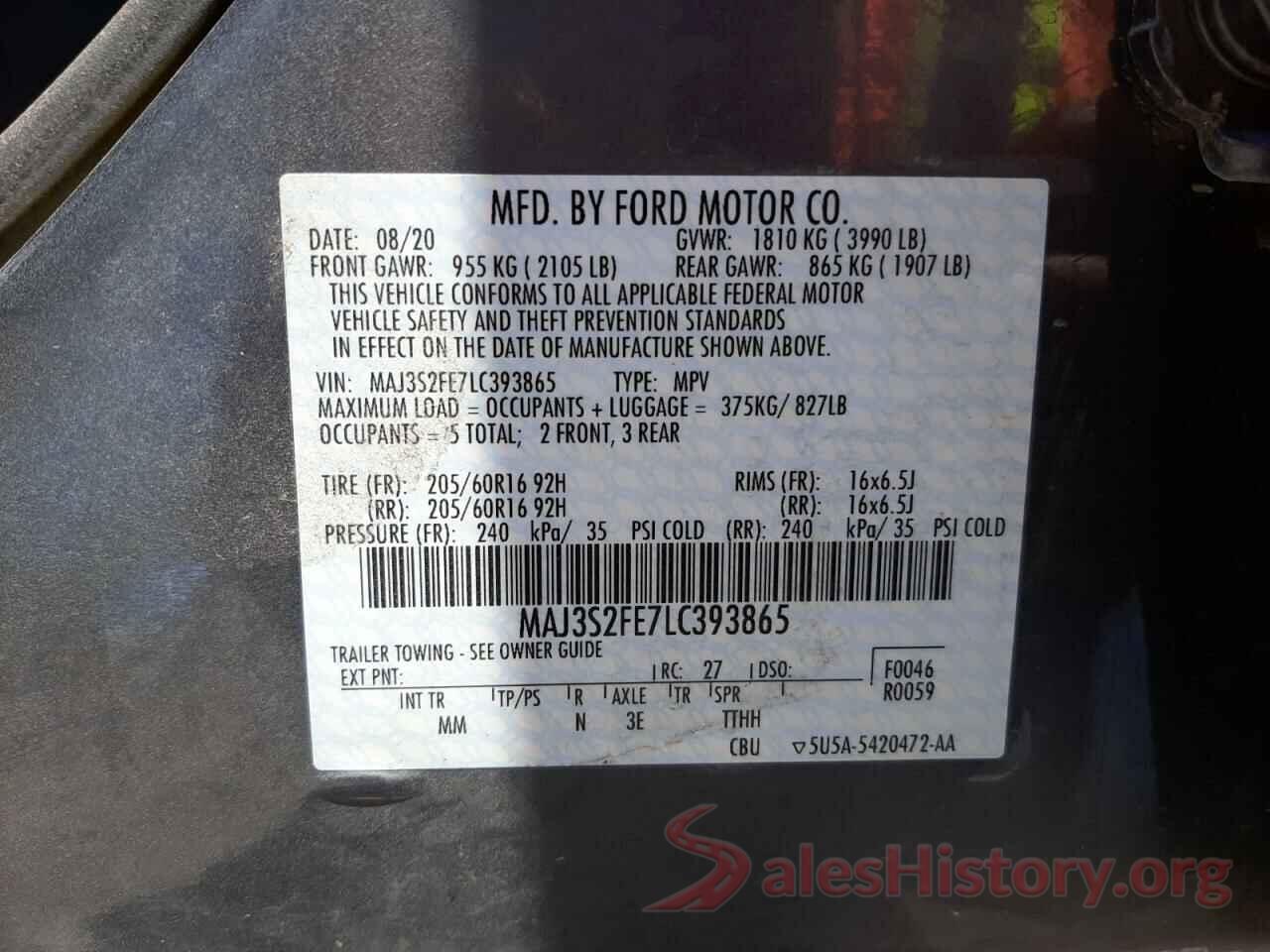 MAJ3S2FE7LC393865 2020 FORD ECOSPORT