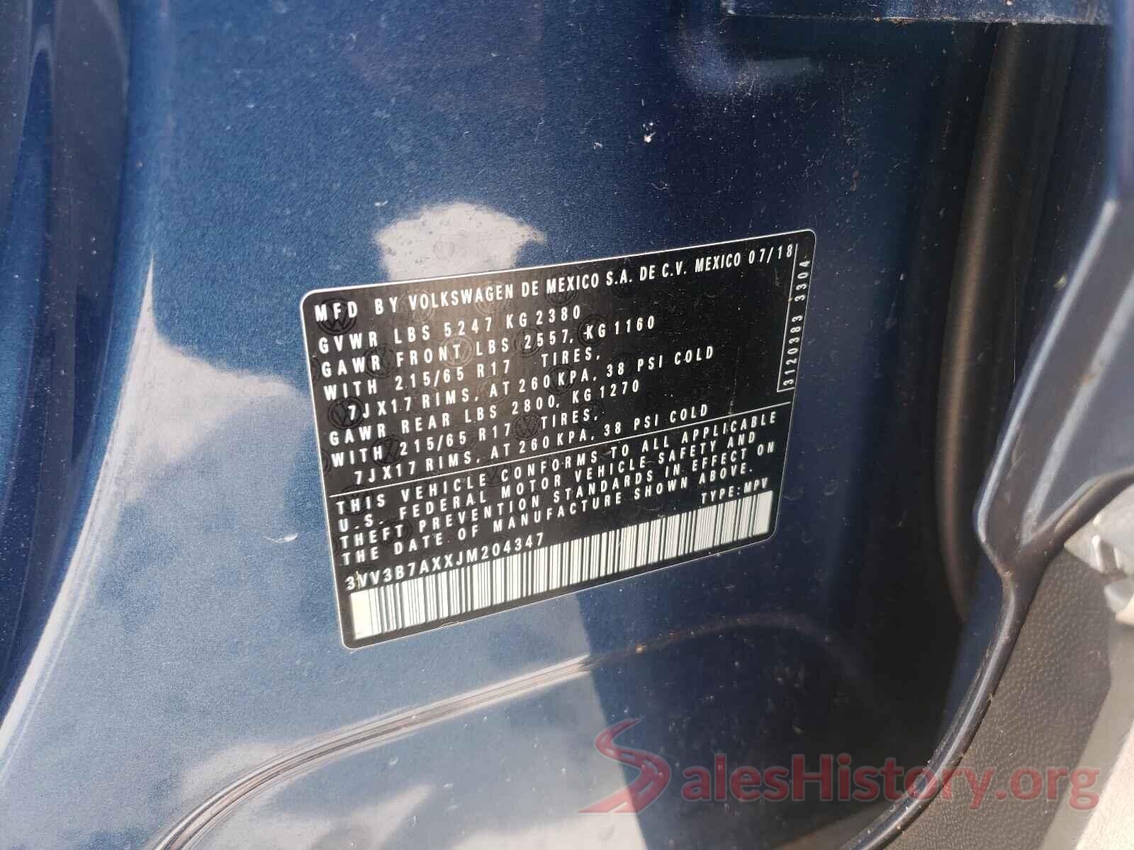 3VV3B7AXXJM204347 2018 VOLKSWAGEN TIGUAN