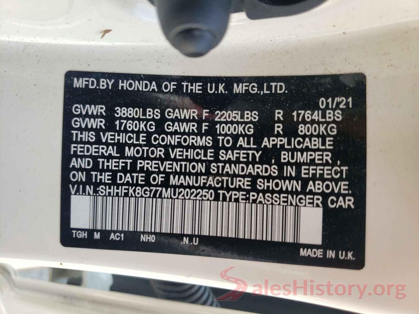 SHHFK8G77MU202250 2021 HONDA CIVIC