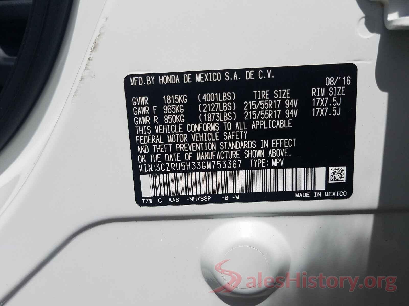 3CZRU5H33GM753367 2016 HONDA HR-V