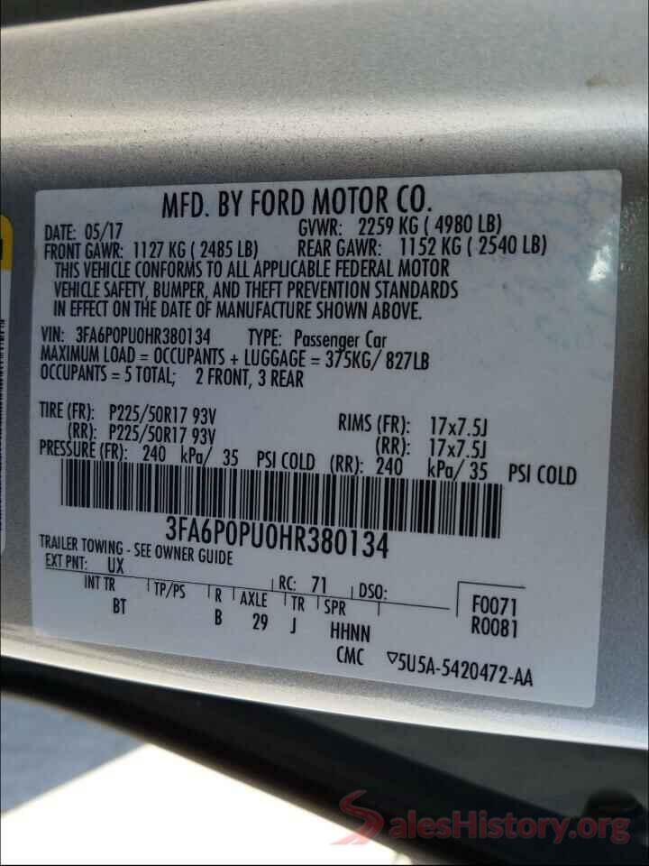 3FA6P0PU0HR380134 2017 FORD FUSION