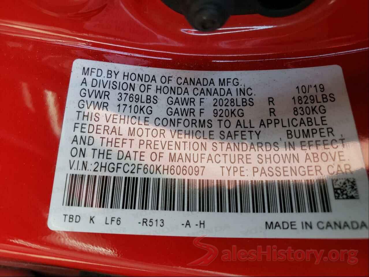 2HGFC2F60KH606097 2019 HONDA CIVIC