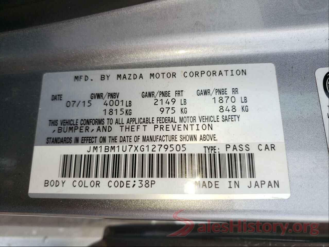 JM1BM1U7XG1279505 2016 MAZDA 3