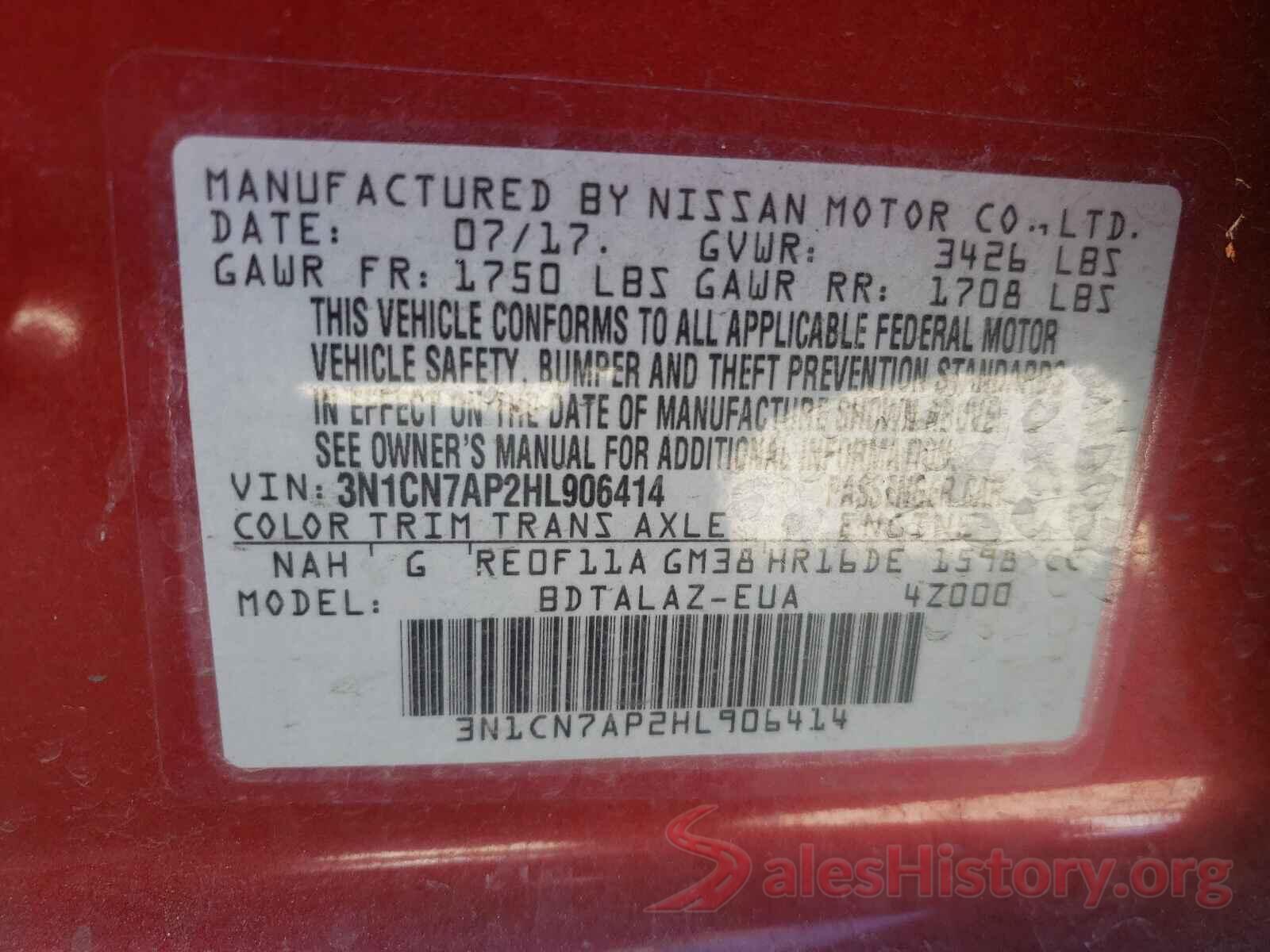 3N1CN7AP2HL906414 2017 NISSAN VERSA