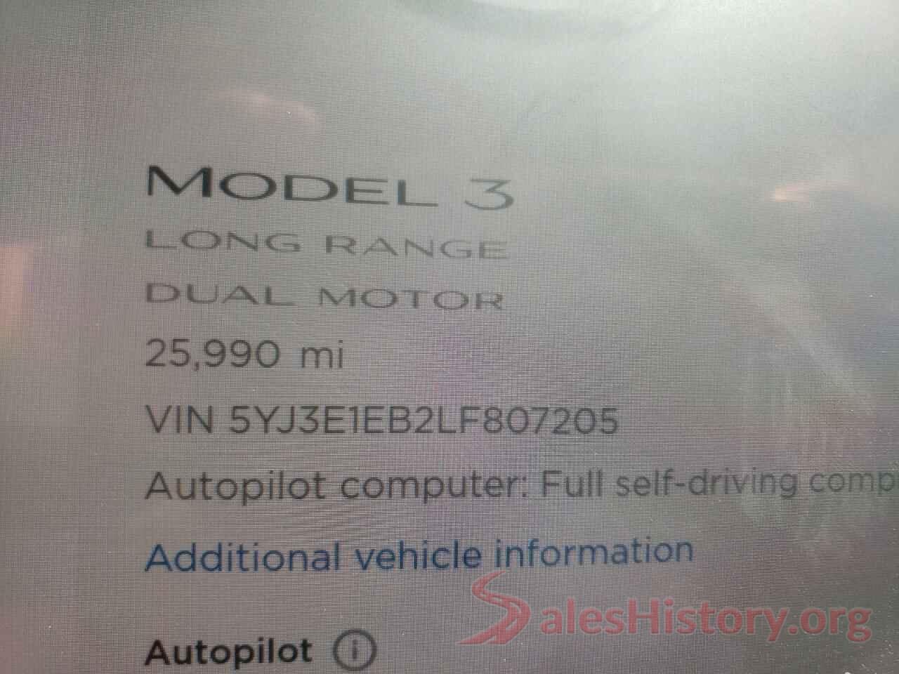 5YJ3E1EB2LF807205 2020 TESLA MODEL 3