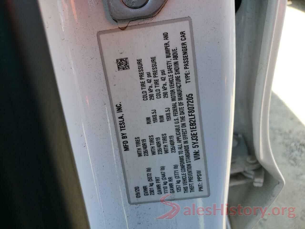 5YJ3E1EB2LF807205 2020 TESLA MODEL 3