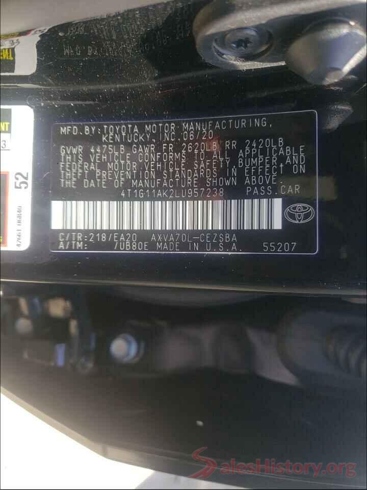 4T1G11AK2LU957238 2020 TOYOTA CAMRY