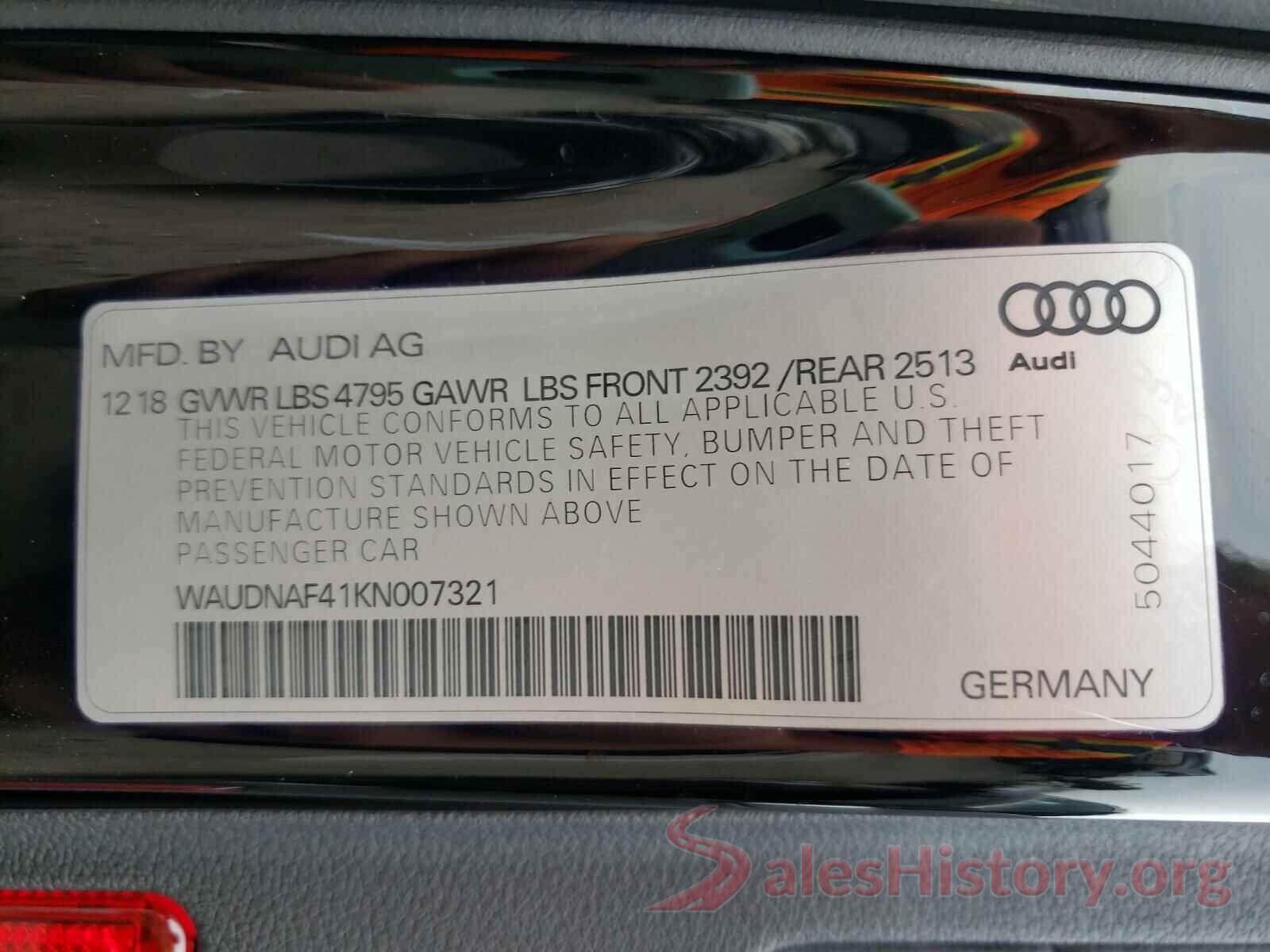 WAUDNAF41KN007321 2019 AUDI A4