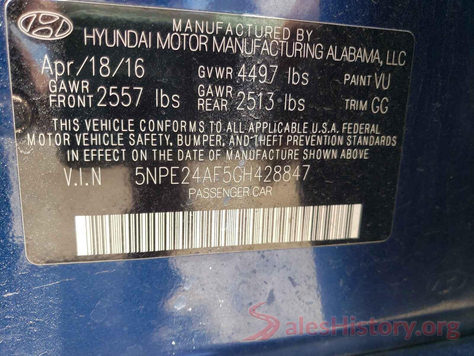 5NPE24AF5GH428847 2016 HYUNDAI SONATA