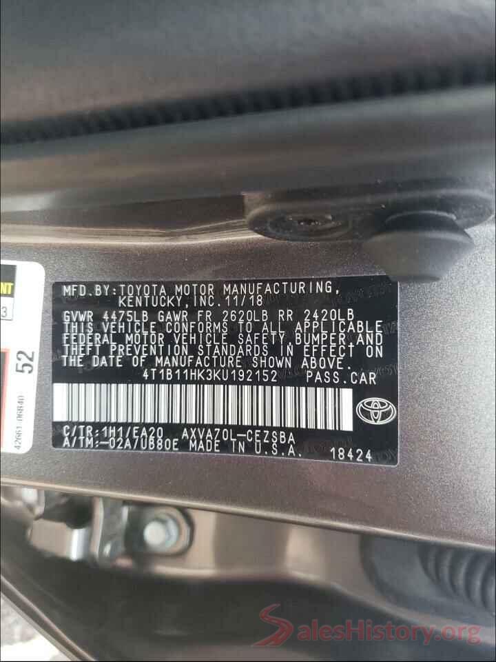 4T1B11HK3KU192152 2019 TOYOTA CAMRY