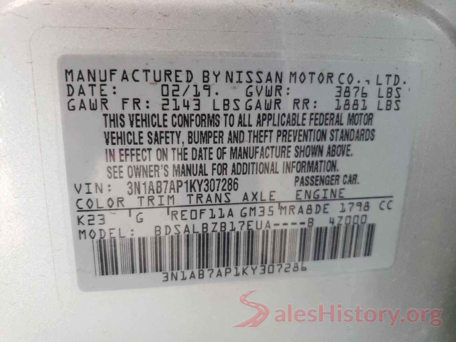 3N1AB7AP1KY307286 2019 NISSAN SENTRA