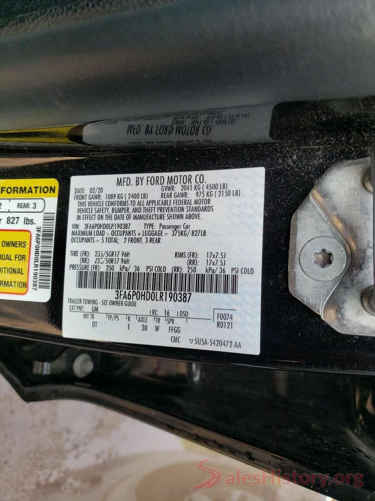 3FA6P0HD0LR190387 2020 FORD FUSION