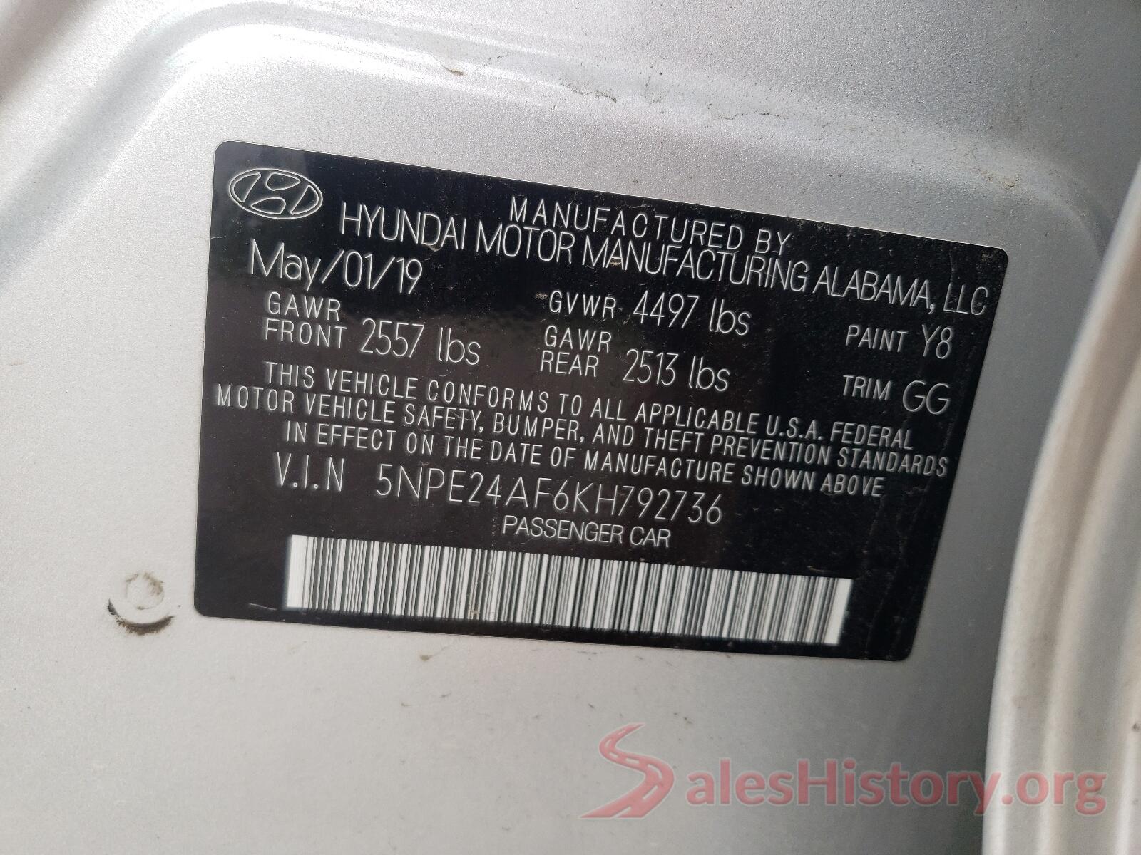 5NPE24AF6KH792736 2019 HYUNDAI SONATA