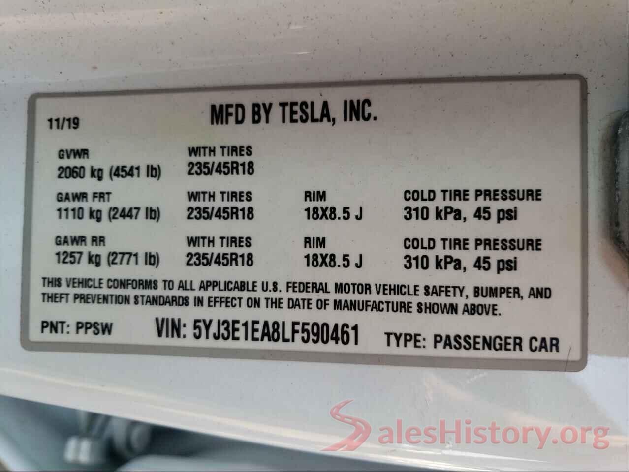 5YJ3E1EA8LF590461 2020 TESLA MODEL 3