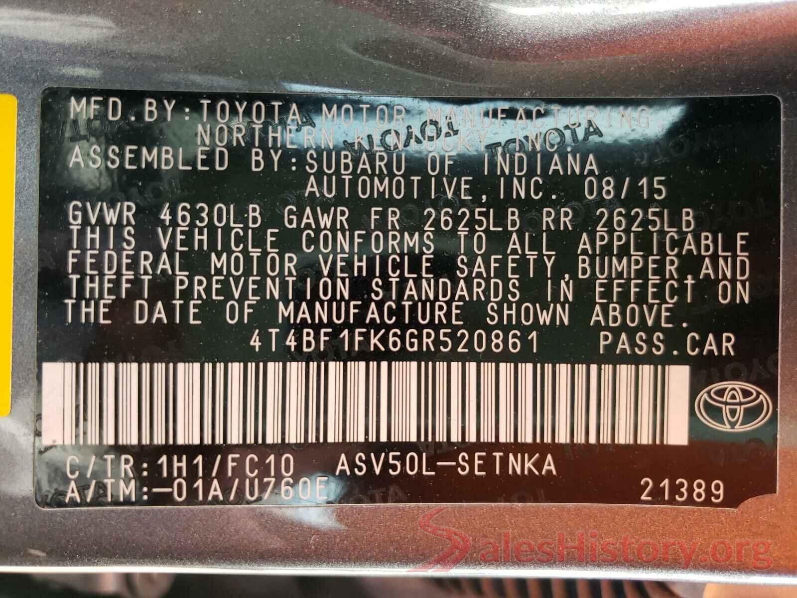 4T4BF1FK6GR520861 2016 TOYOTA CAMRY