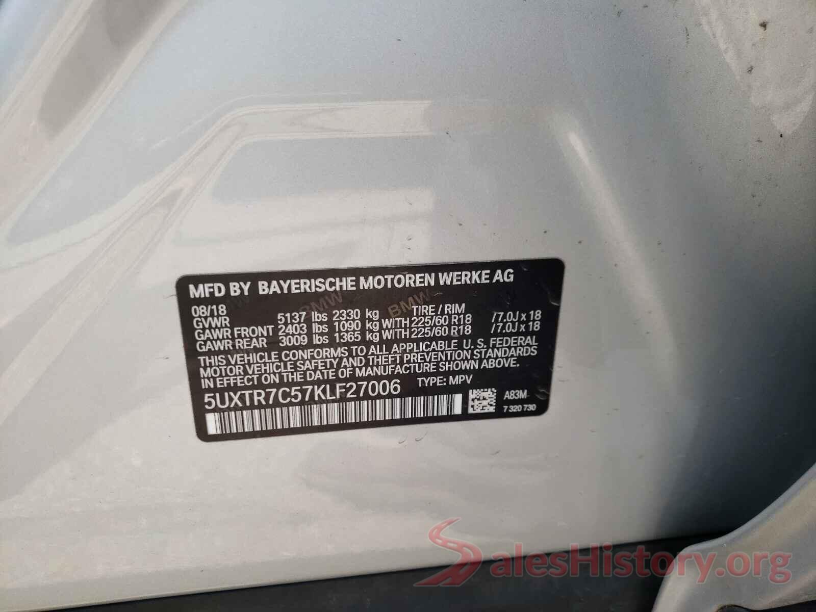 5UXTR7C57KLF27006 2019 BMW X3