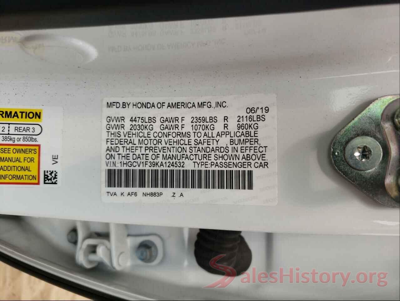 1HGCV1F39KA124532 2019 HONDA ACCORD