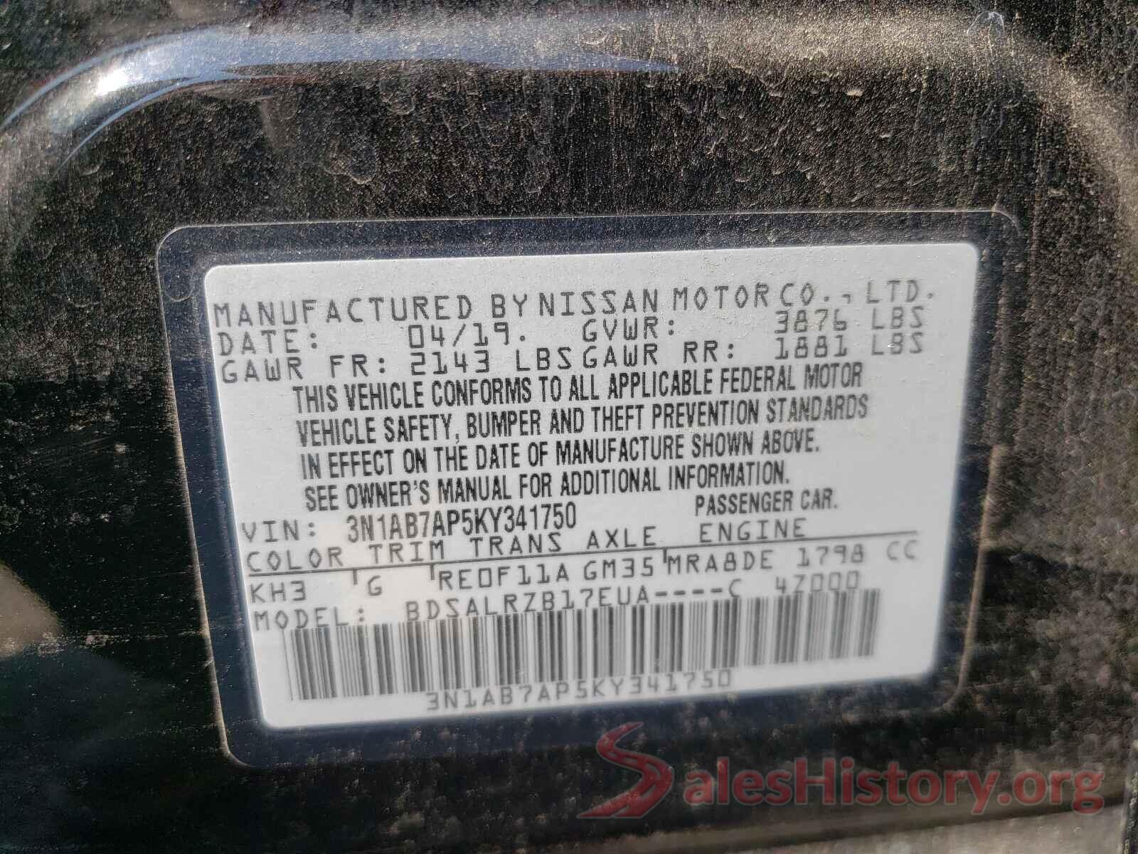 3N1AB7AP5KY341750 2019 NISSAN SENTRA