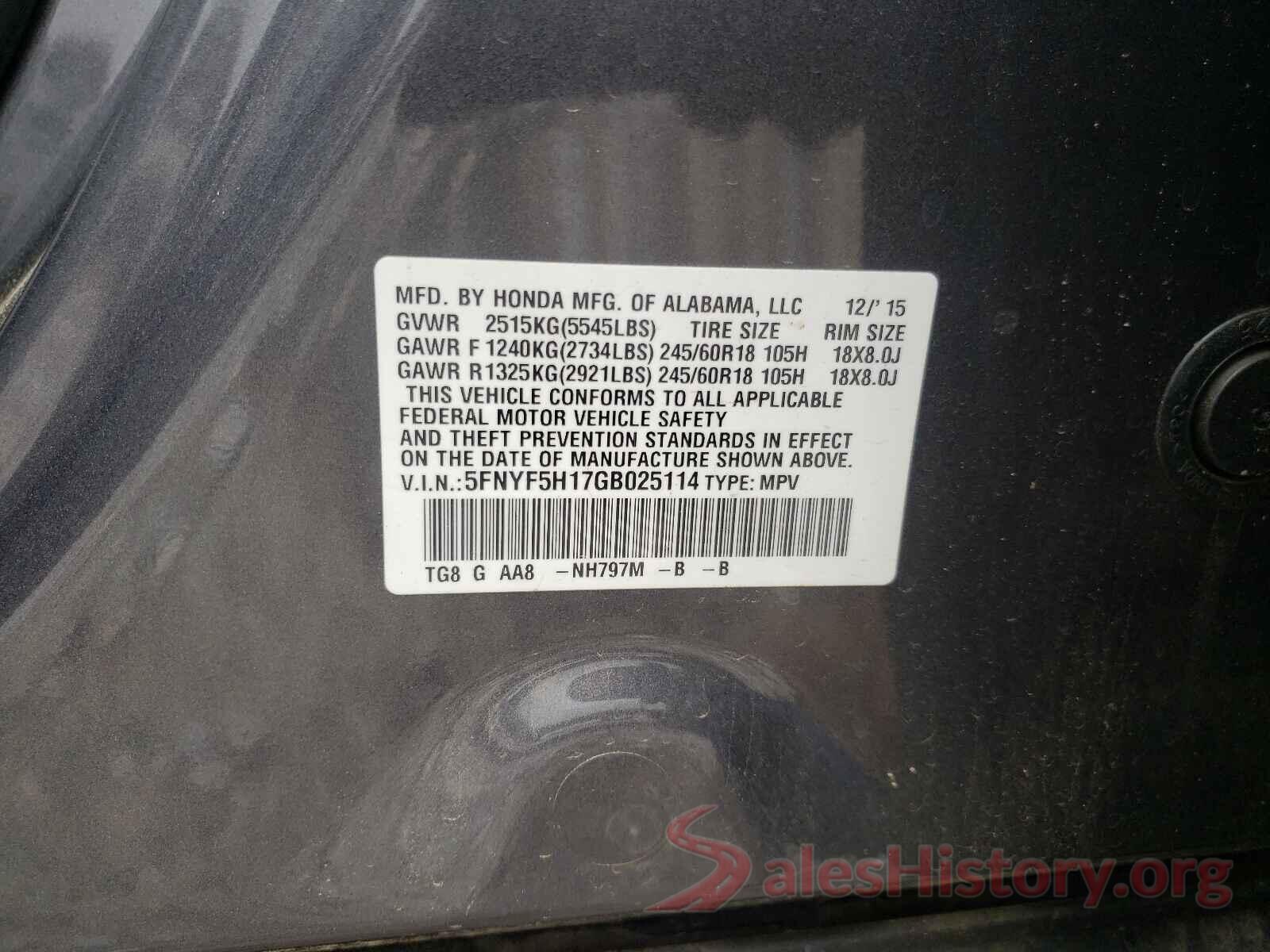 5FNYF5H17GB025114 2016 HONDA PILOT