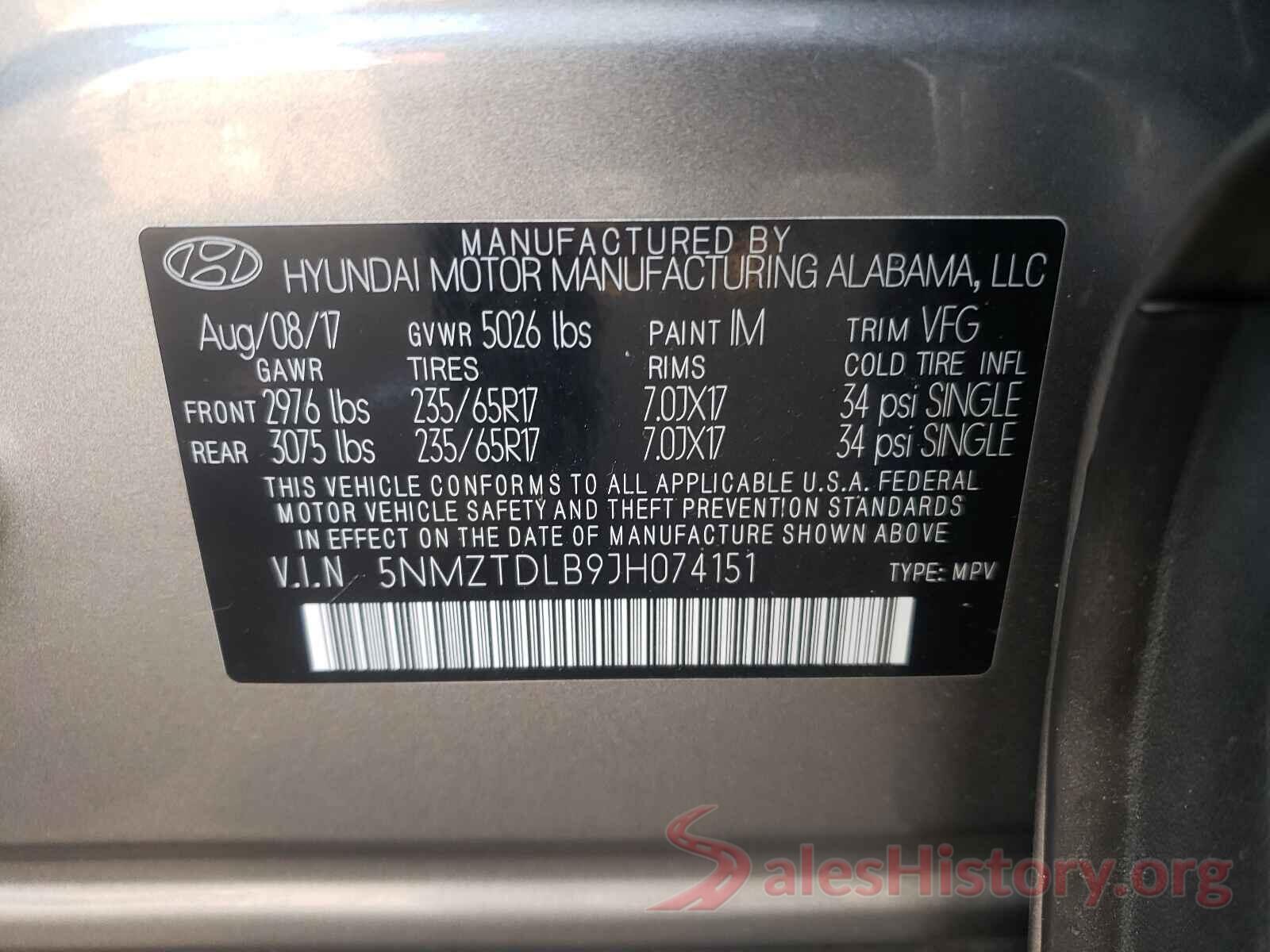 5NMZTDLB9JH074151 2018 HYUNDAI SANTA FE