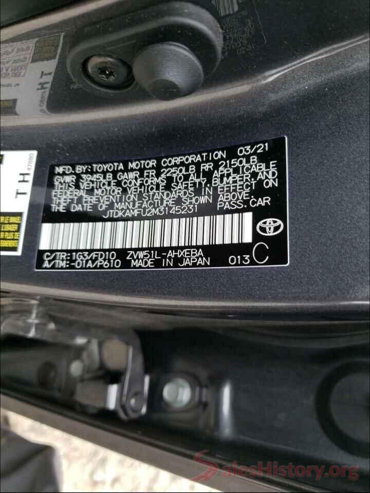 JTDKAMFU2M3145231 2021 TOYOTA PRIUS