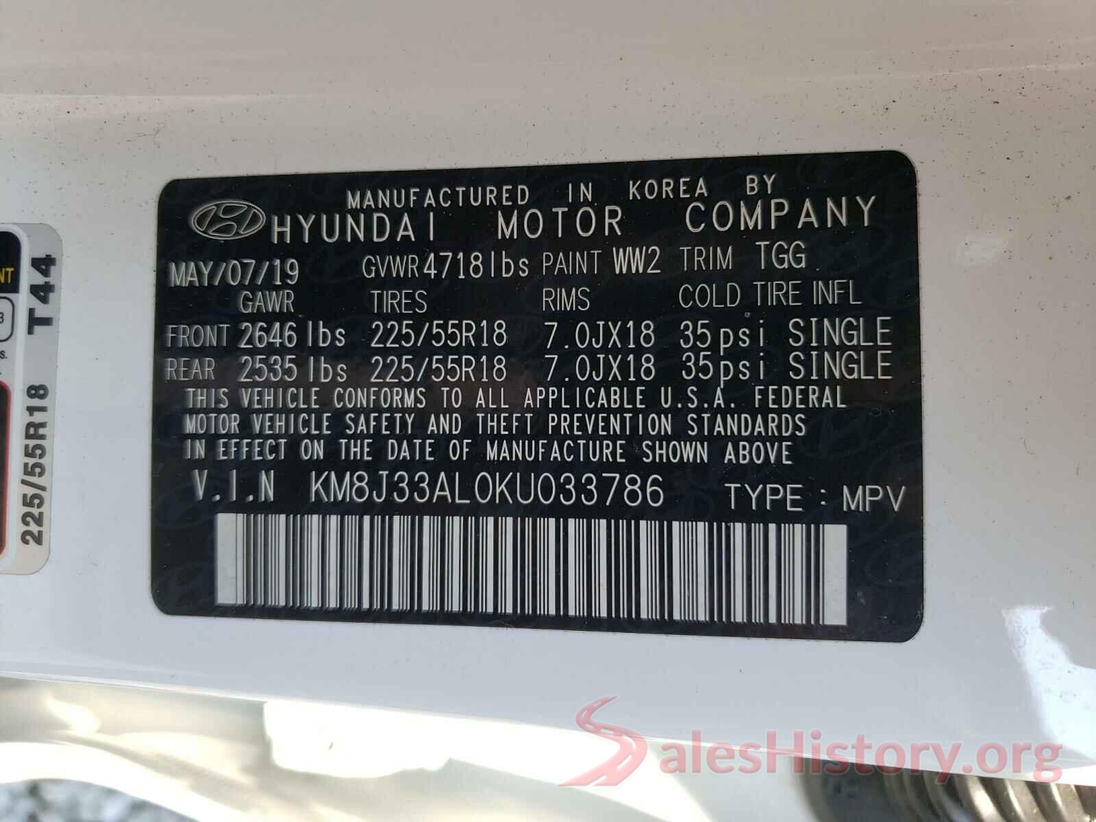 KM8J33AL0KU033786 2019 HYUNDAI TUCSON