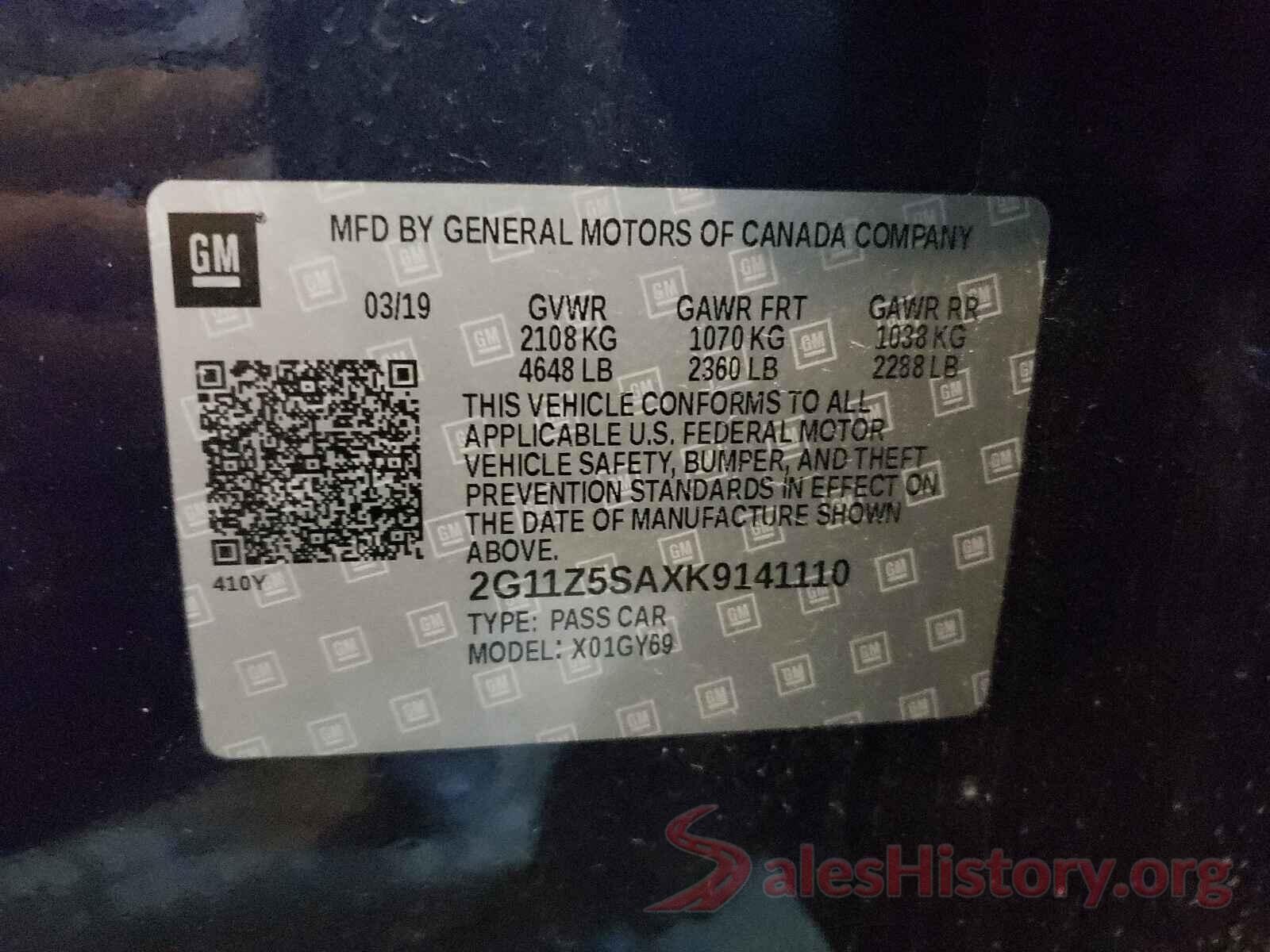 2G11Z5SAXK9141110 2019 CHEVROLET IMPALA