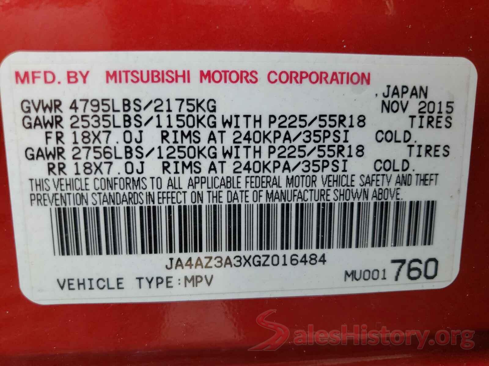 JA4AZ3A3XGZ016484 2016 MITSUBISHI OUTLANDER