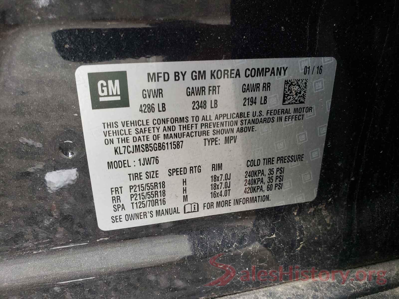 KL7CJMSB5GB611587 2016 CHEVROLET TRAX