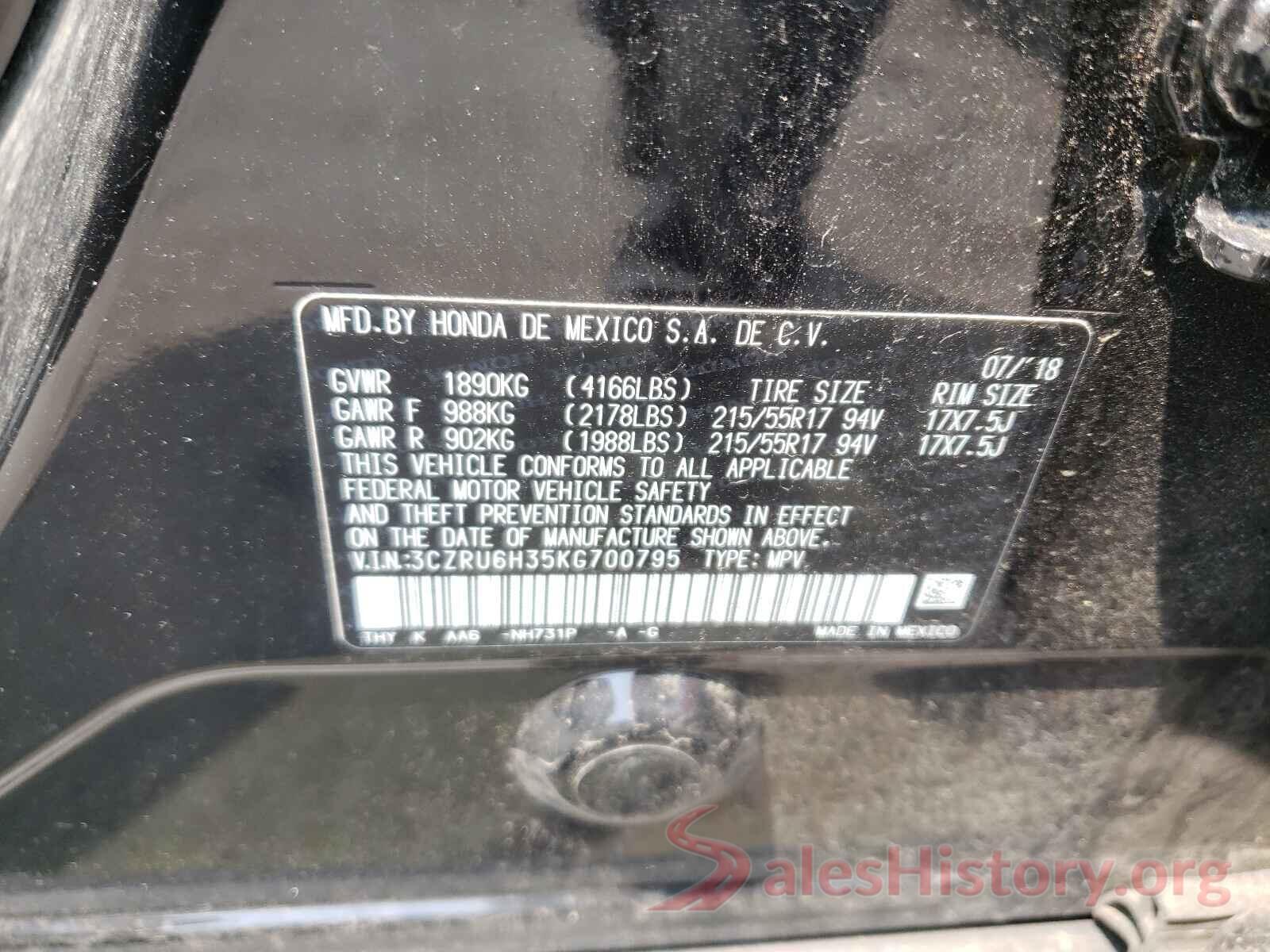 3CZRU6H35KG700795 2019 HONDA HR-V