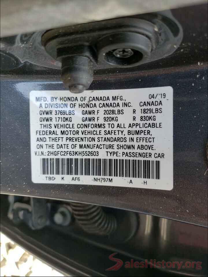 2HGFC2F63KH552603 2019 HONDA CIVIC