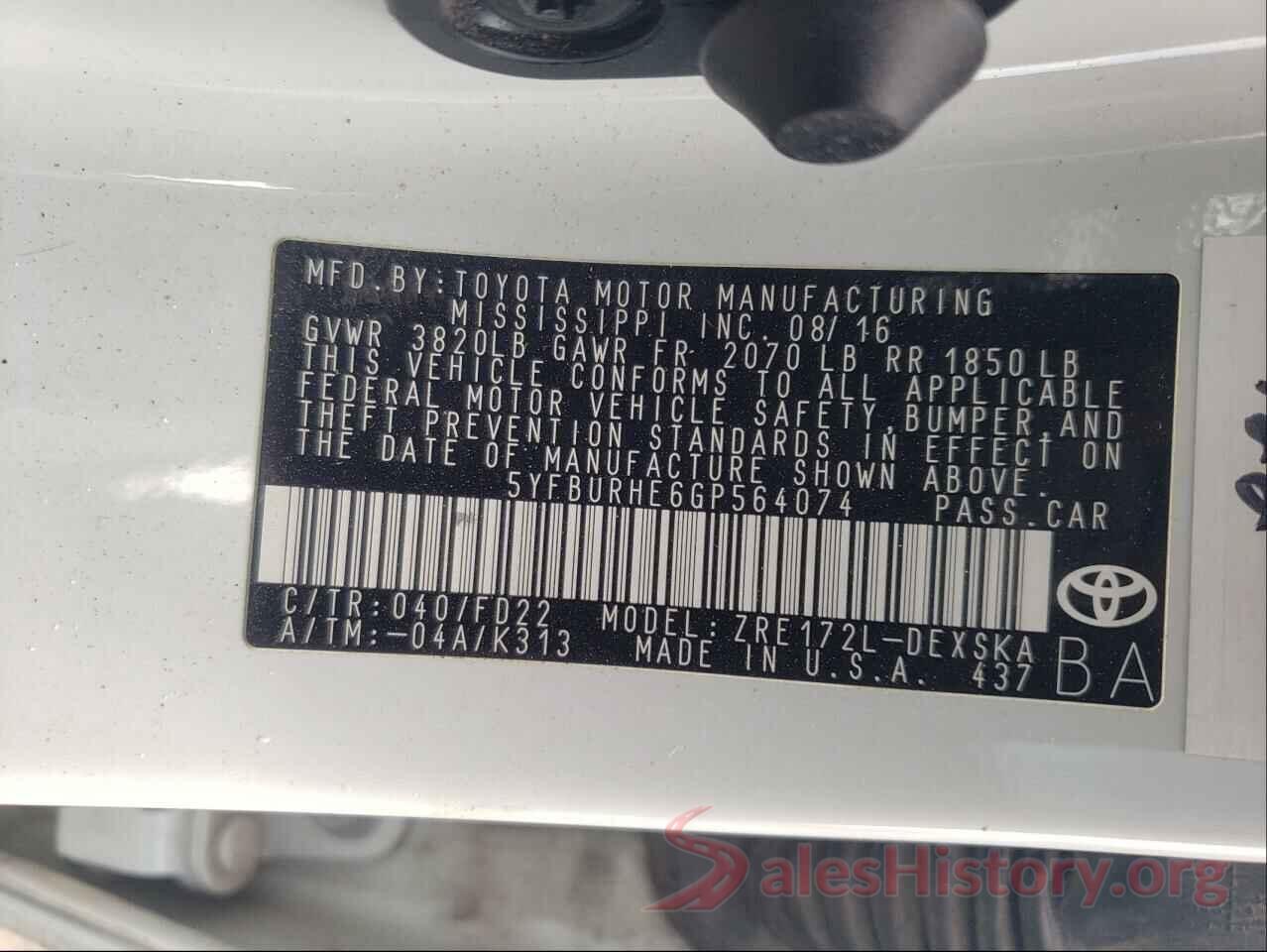 5YFBURHE6GP564074 2016 TOYOTA COROLLA