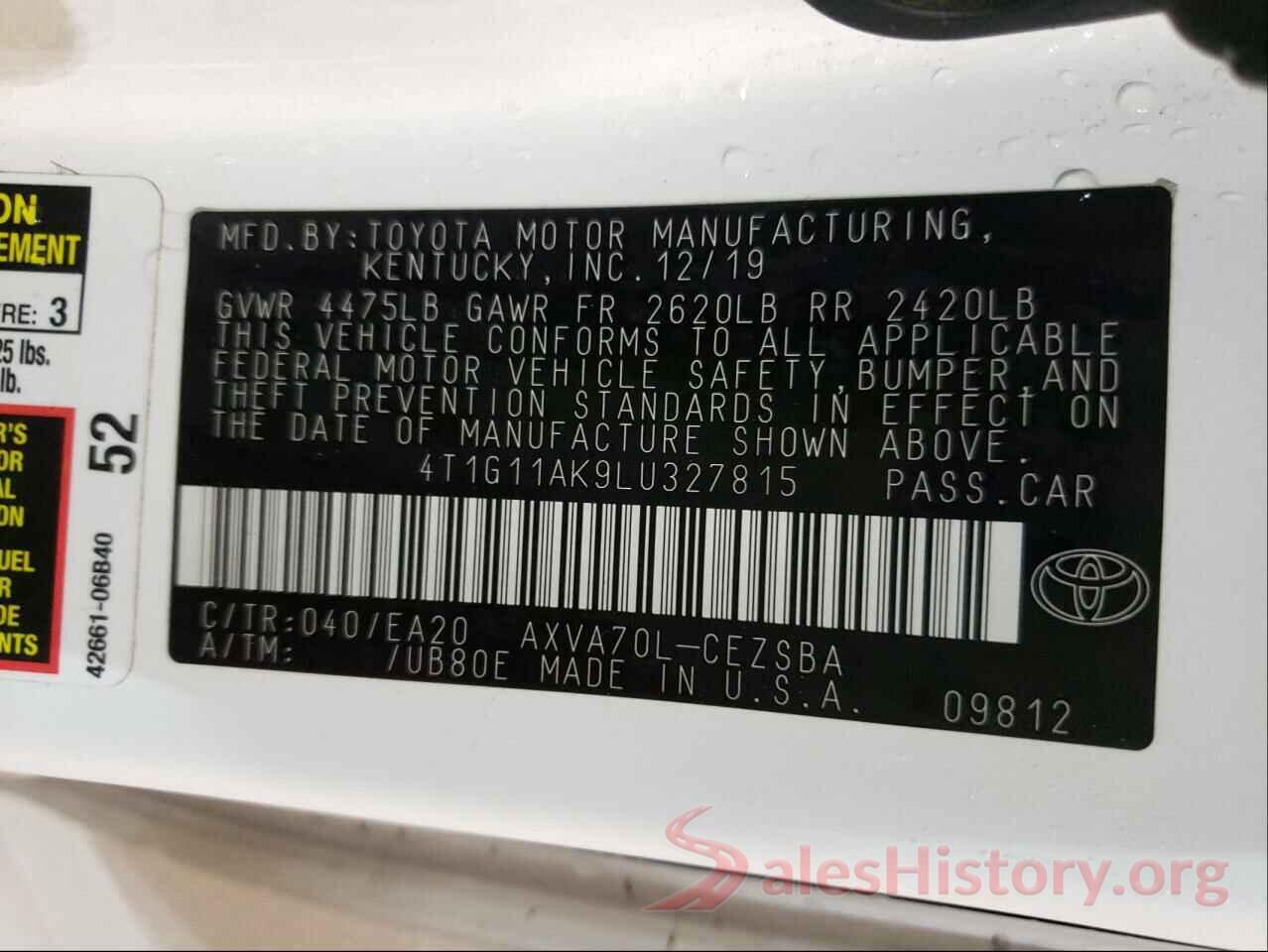 4T1G11AK9LU327815 2020 TOYOTA CAMRY