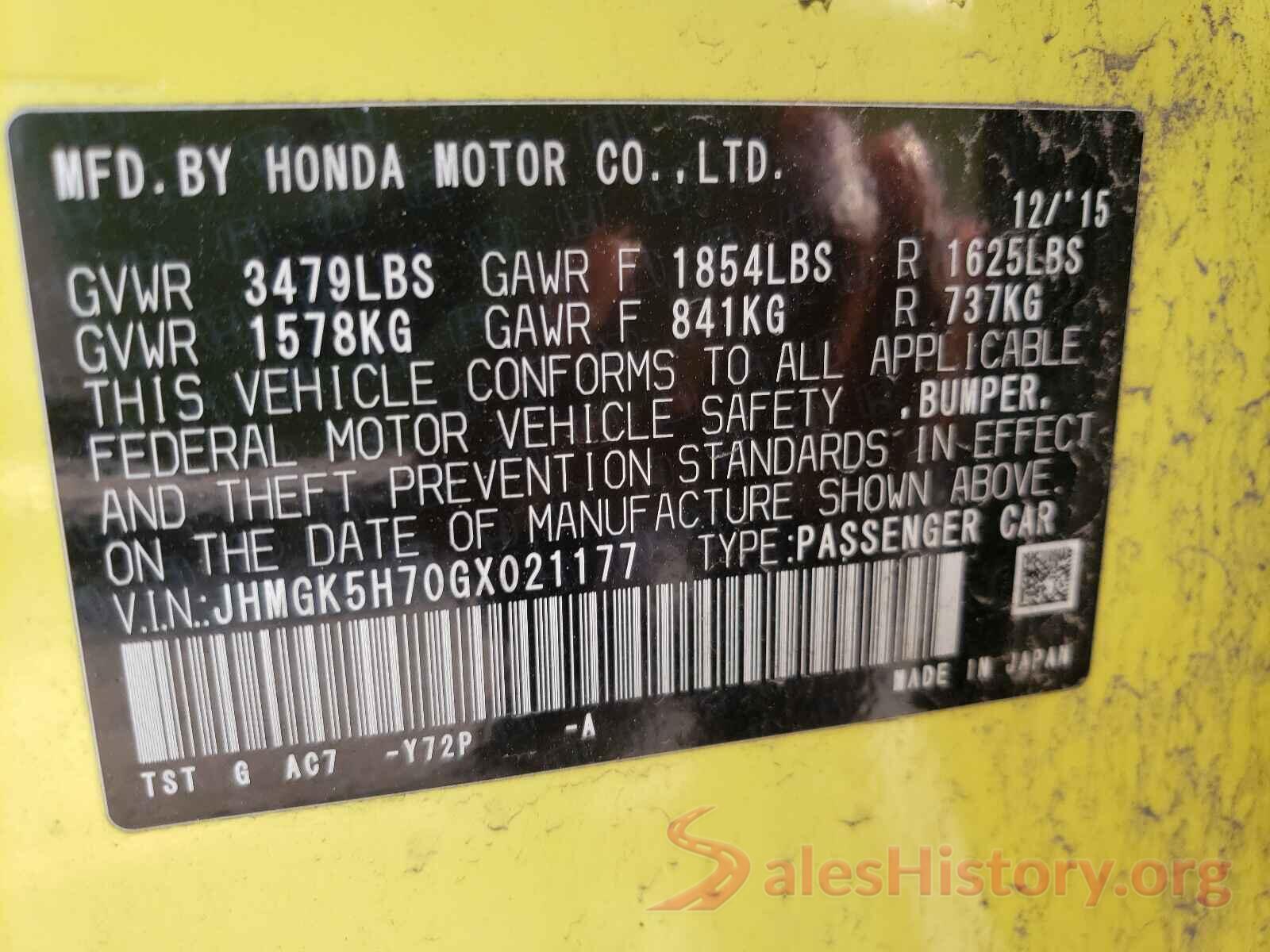 JHMGK5H70GX021177 2016 HONDA FIT