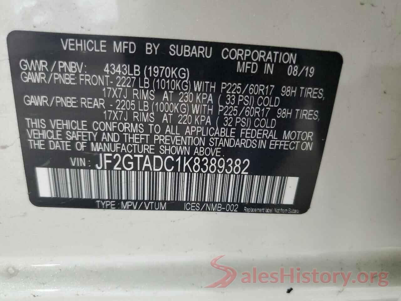 JF2GTADC1K8389382 2019 SUBARU CROSSTREK