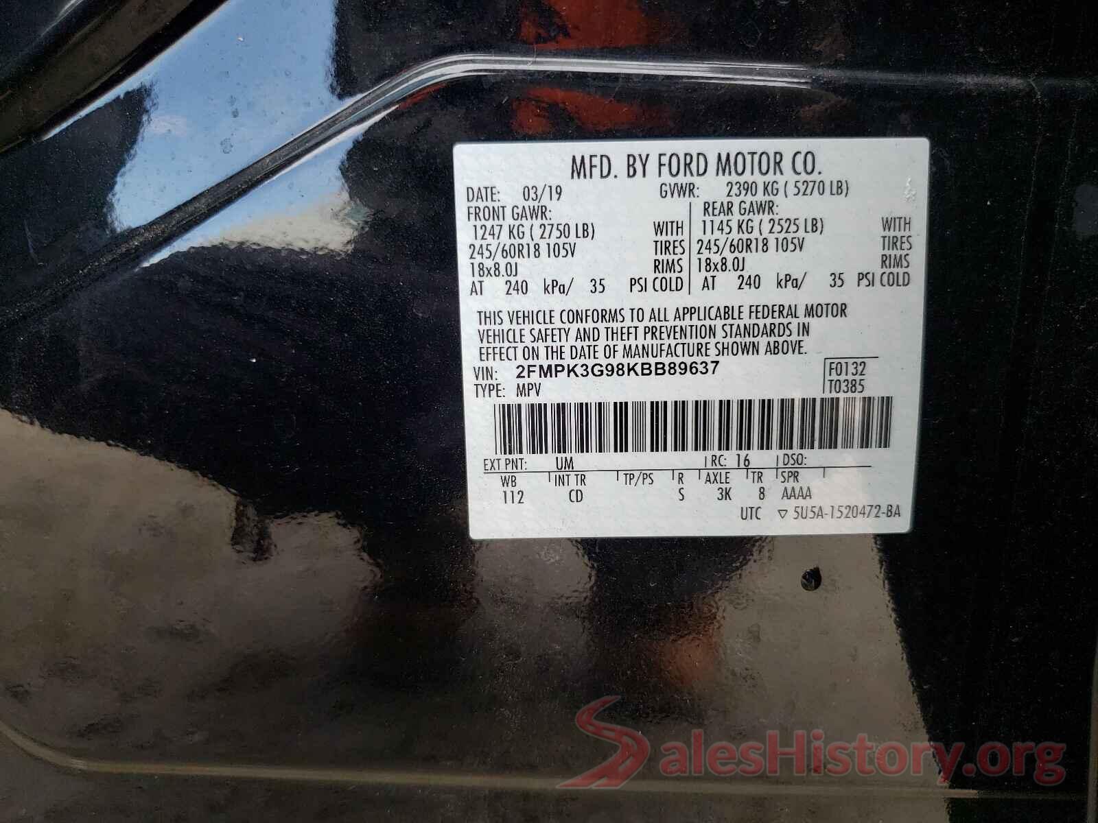 2FMPK3G98KBB89637 2019 FORD EDGE