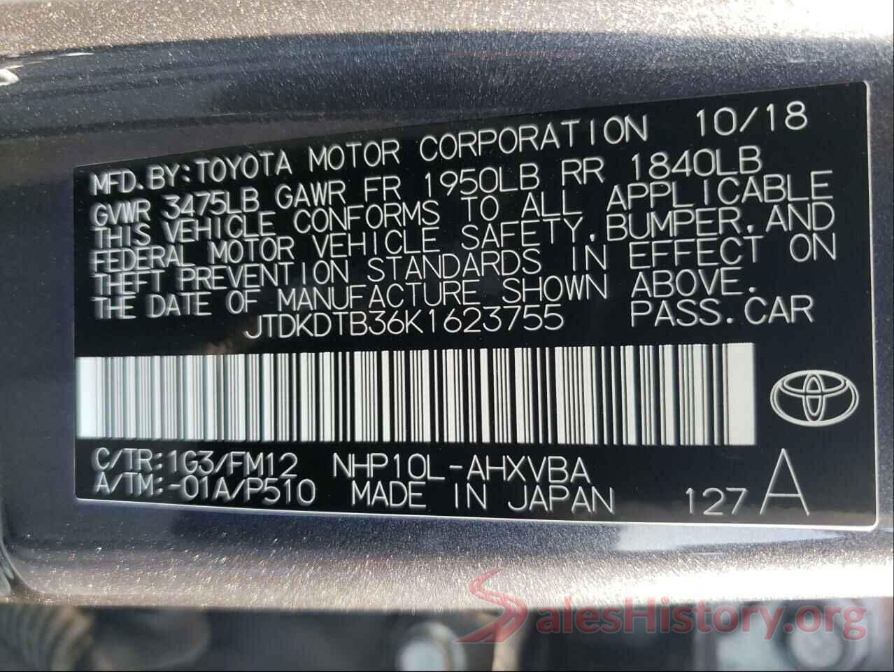 JTDKDTB36K1623755 2019 TOYOTA PRIUS