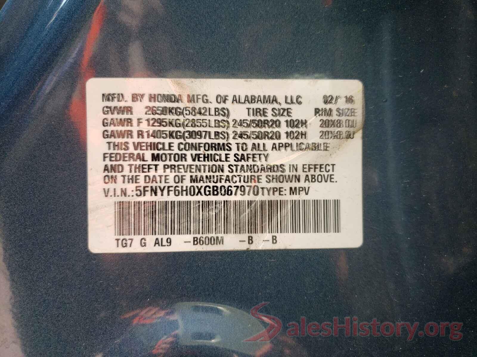 5FNYF6H0XGB067970 2016 HONDA PILOT