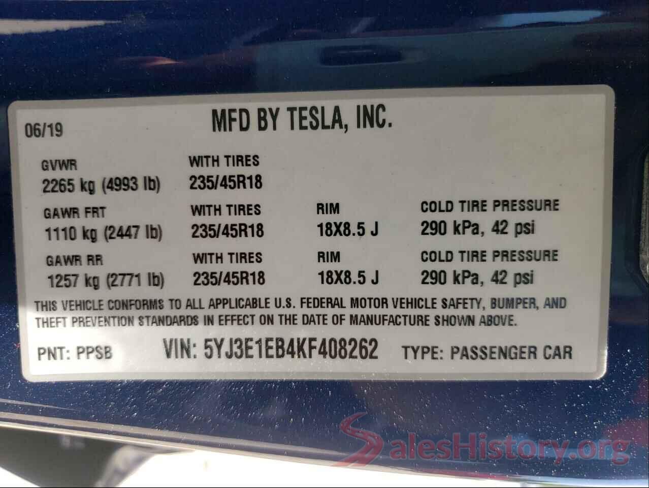 5YJ3E1EB4KF408262 2019 TESLA MODEL 3