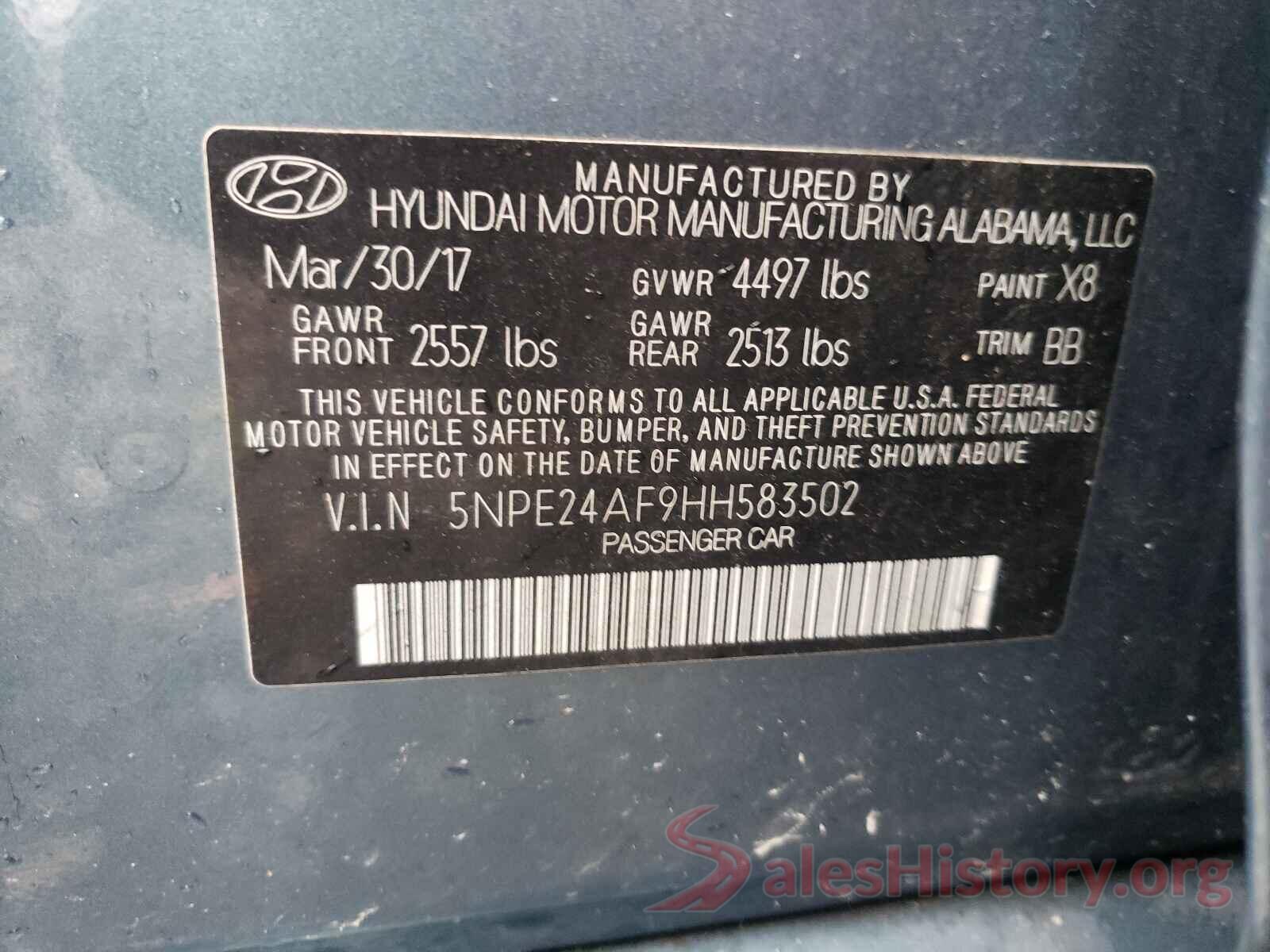 5NPE24AF9HH583502 2017 HYUNDAI SONATA