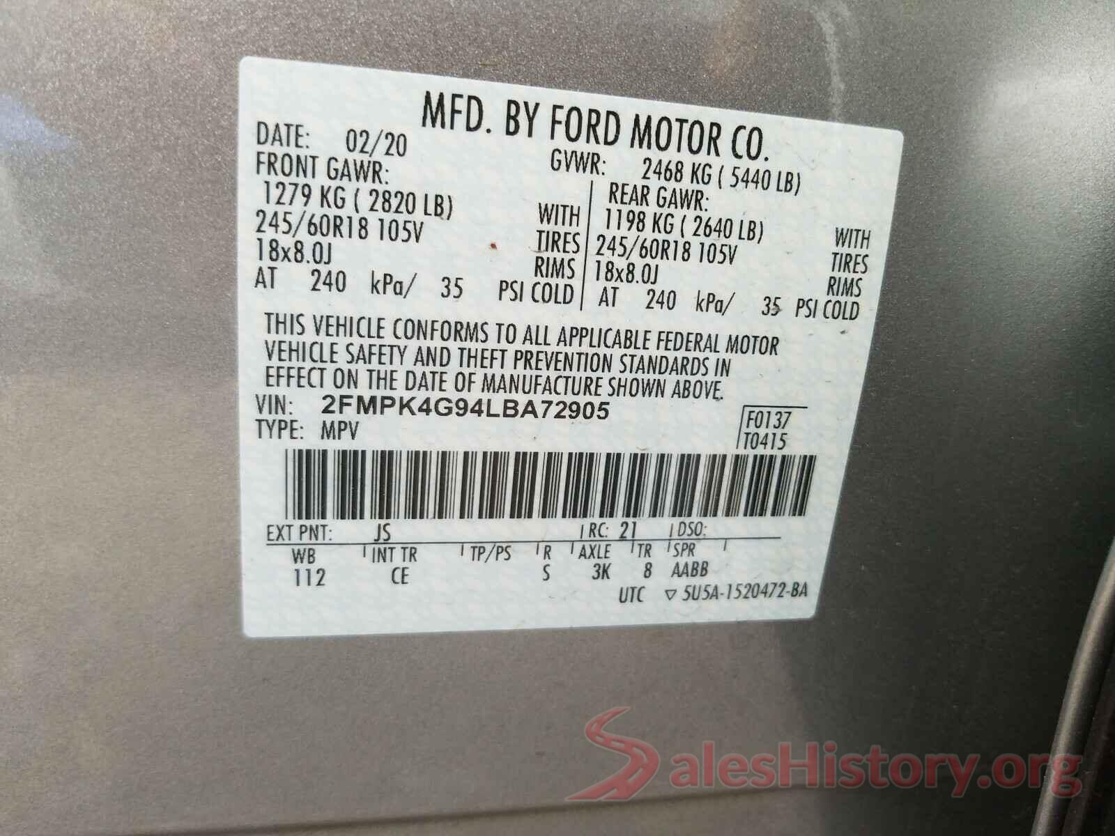 2FMPK4G94LBA72905 2020 FORD EDGE