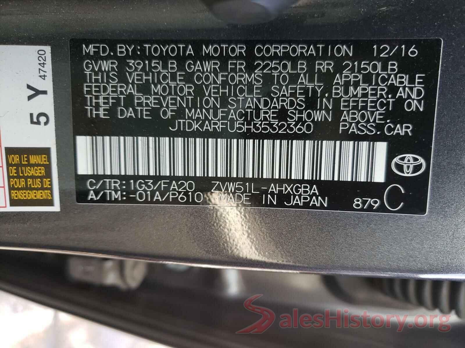 JTDKARFU5H3532360 2017 TOYOTA PRIUS