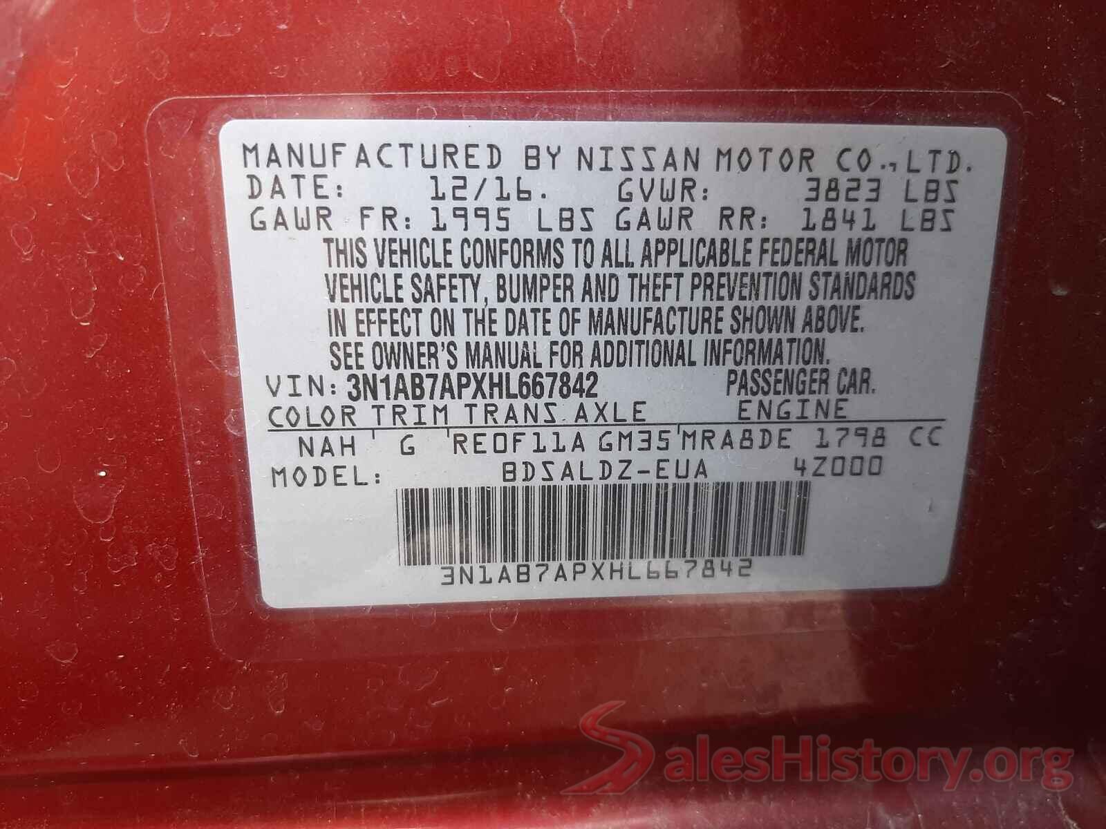 3N1AB7APXHL667842 2017 NISSAN SENTRA