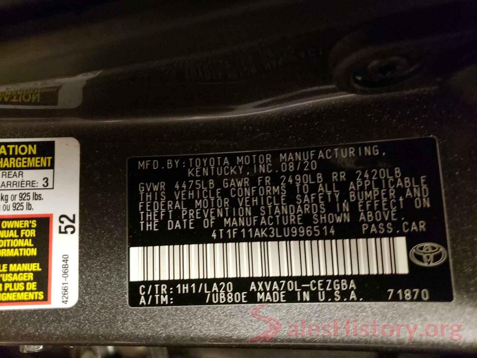 4T1F11AK3LU996514 2020 TOYOTA CAMRY