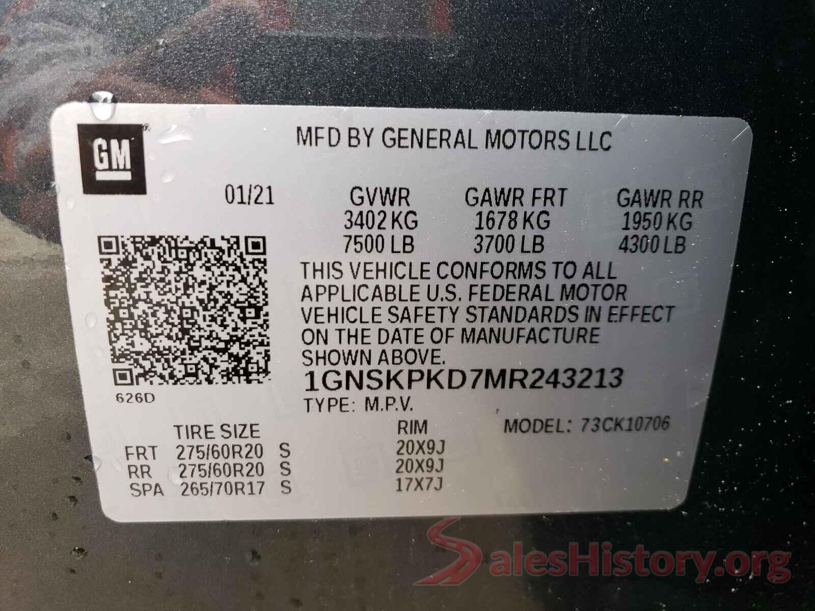 1GNSKPKD7MR243213 2021 CHEVROLET TAHOE