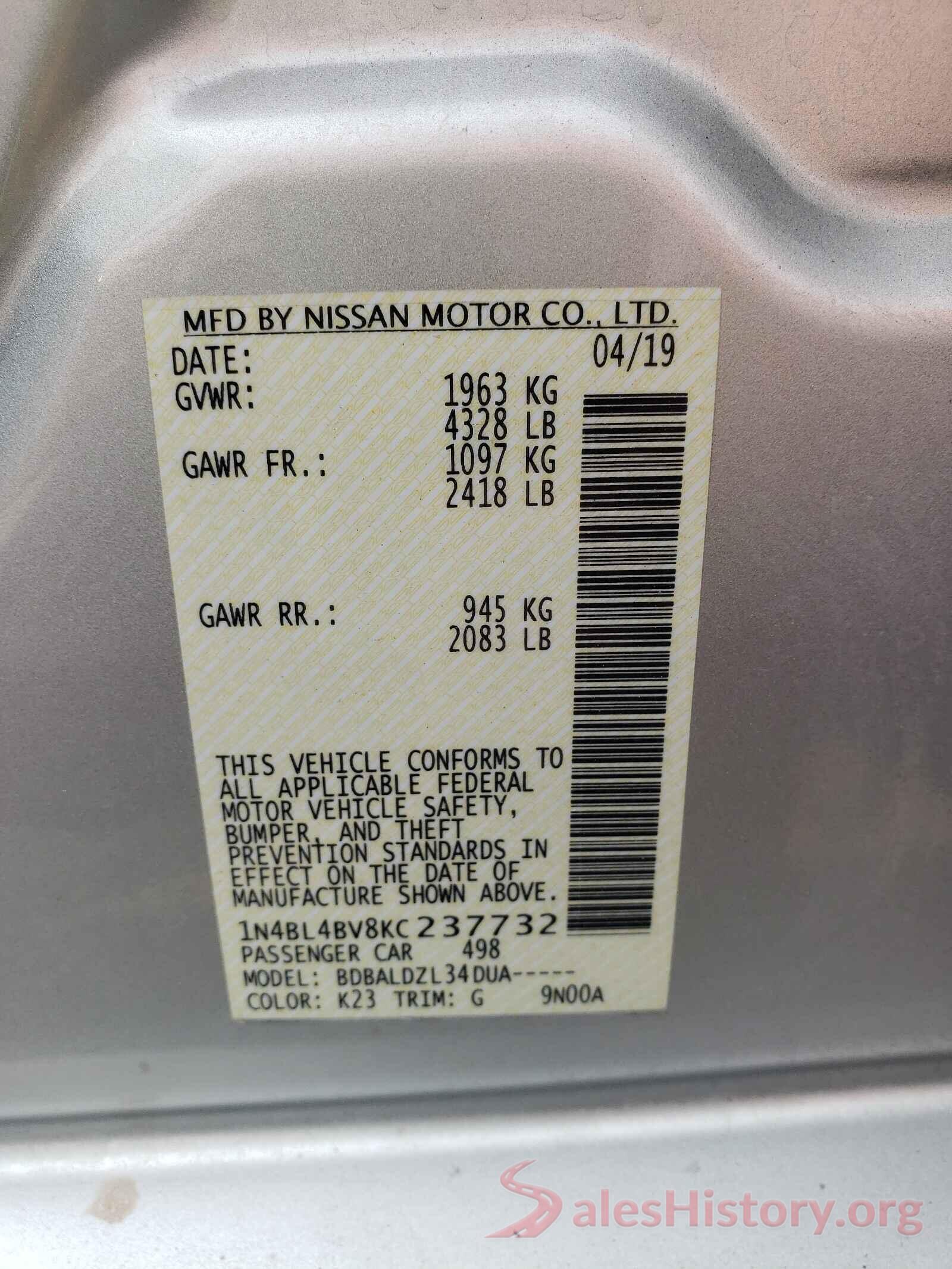 1N4BL4BV8KC237732 2019 NISSAN ALTIMA