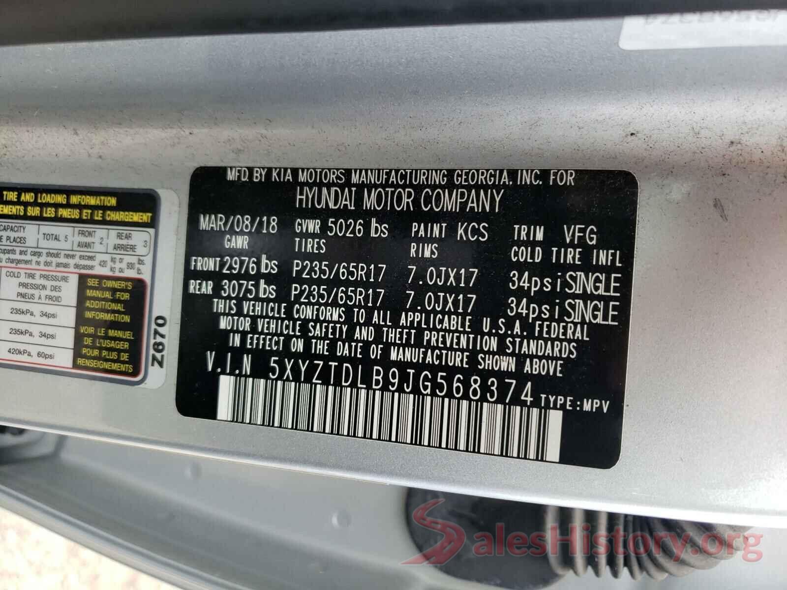 5XYZTDLB9JG568374 2018 HYUNDAI SANTA FE