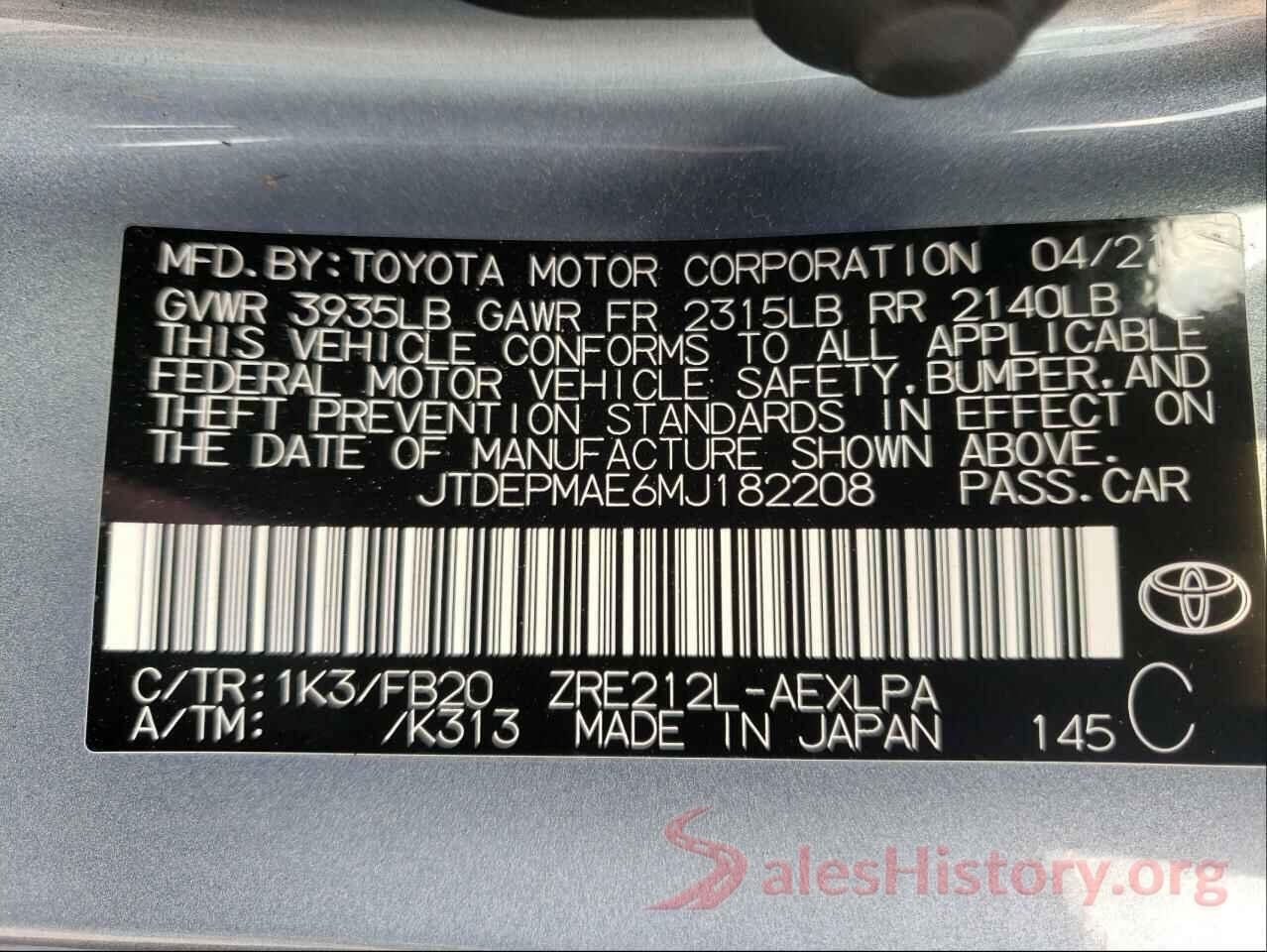 JTDEPMAE6MJ182208 2021 TOYOTA COROLLA