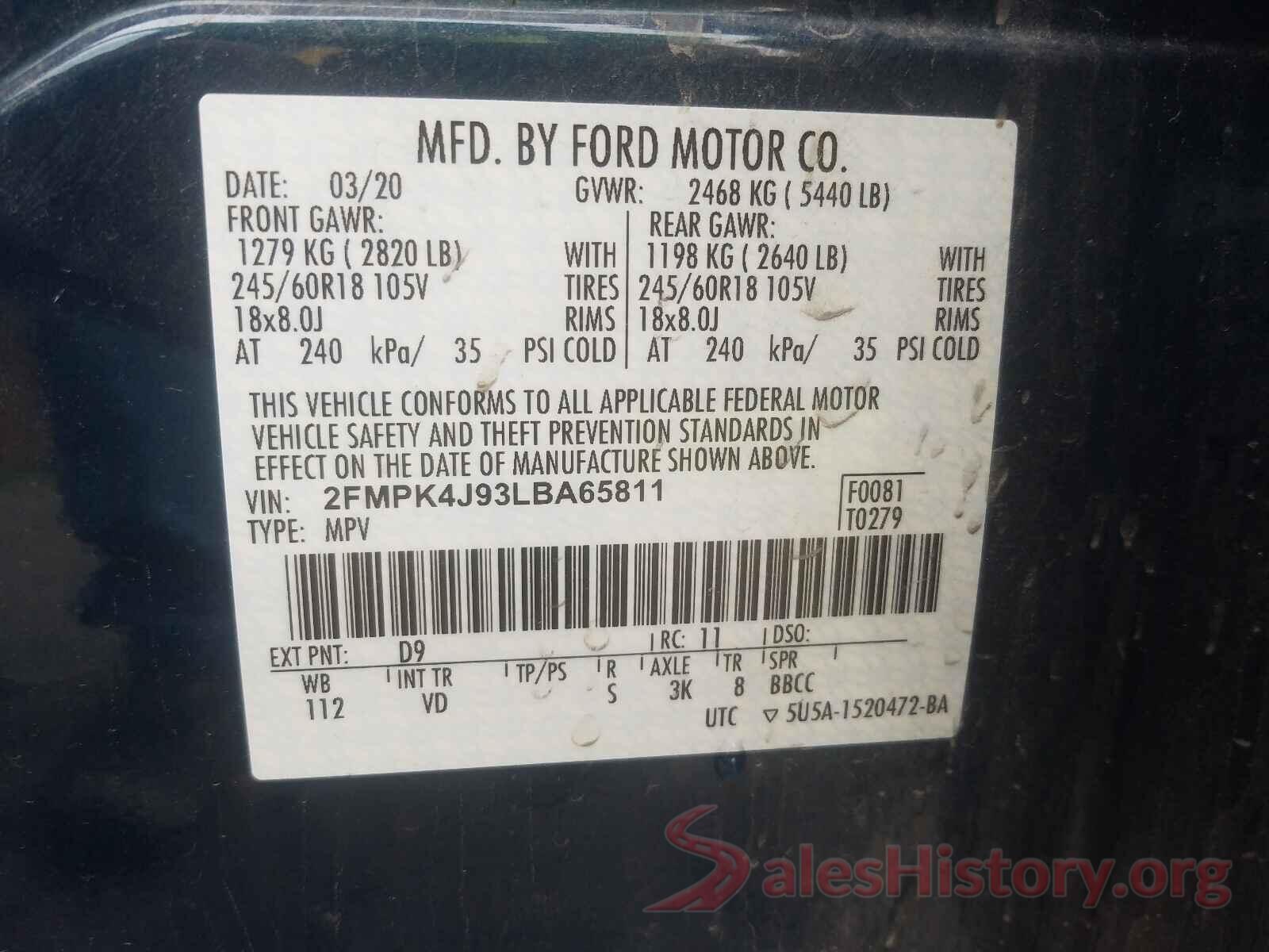 2FMPK4J93LBA65811 2020 FORD EDGE