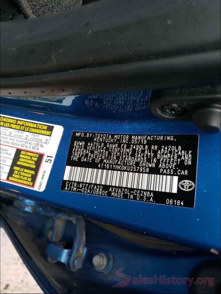 4T1B11HK0KU257958 2019 TOYOTA CAMRY